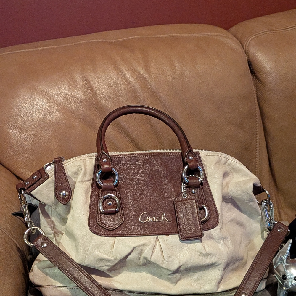 Coach Cream and Brown Leather Satchel with Silver Hardware